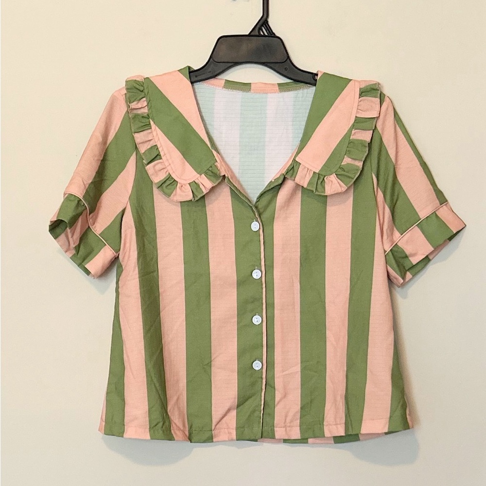 Striped Green and Pink Ruffle Collar Top